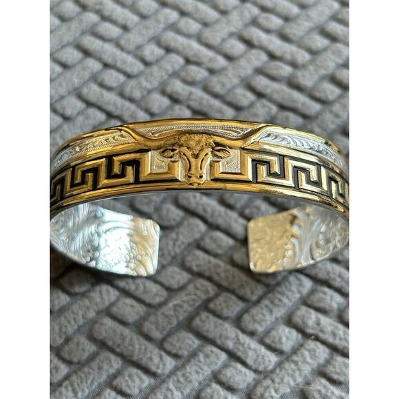 Montana Silversmiths Longhorn Steer Bracelet Cuff Silver & Gold Black Western - Picture 12 of 13